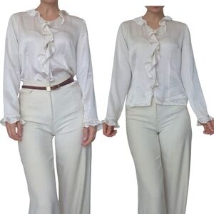 August Silk Wite Ivory Ruffled Button Down Satin Blouse Size 8